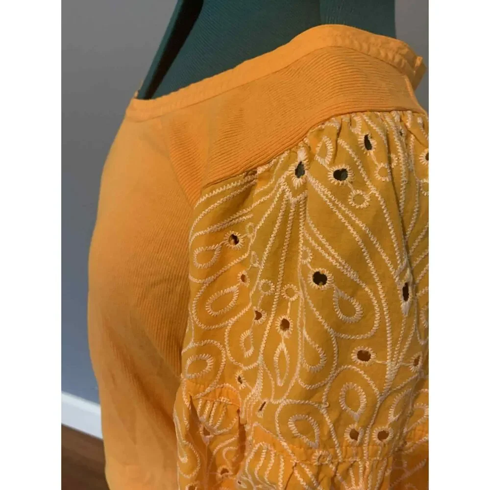 LOFT Yellow Ribbed Eyelet Puff Sleeve Blouse, Size M
